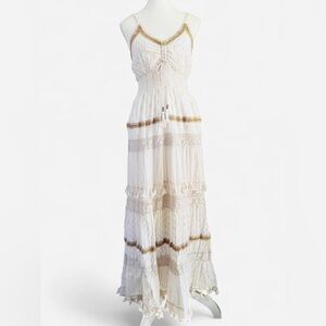 Me 2 Magic Cream Boho Maxi Dress Lace Tiered Cotton Size Large